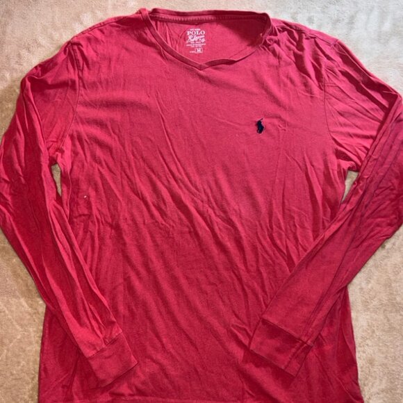 Polo Ralph Lauren Men Med Red Long‎ Sleeve Cotton Navy Blue Pony Logo Shirt (T) - Picture 1 of 6